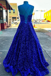 Mychicdress A Line Royal Blue Sequin Prom Dresses Straps Lace Up Back